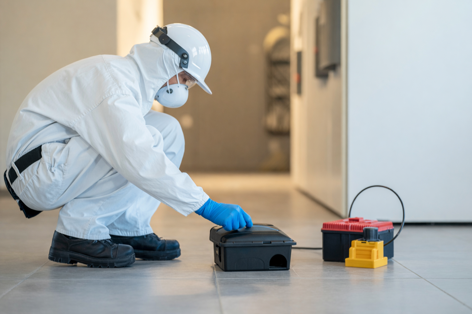 Professional pest control technician placing a tamper-resistant rodent bait station